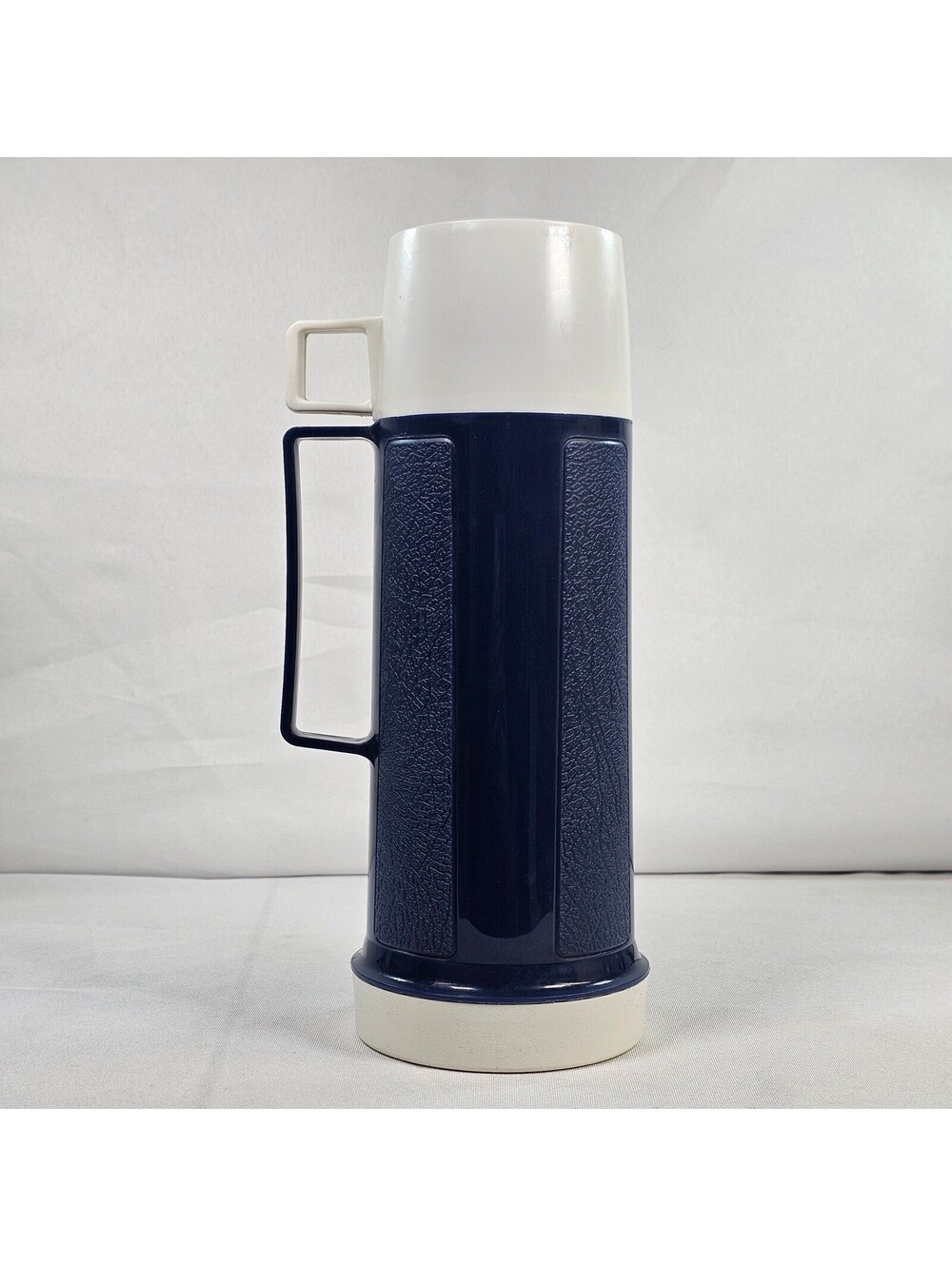 Vintage Thermos Navy Blue Ivory Vacuum Bottle Made in Canada Filler 22F Cup